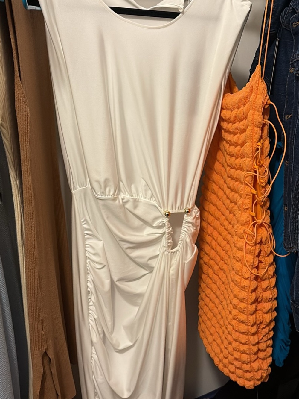 Fashion Nova White Asymmetrical Midi Dress with Side Ring Accent